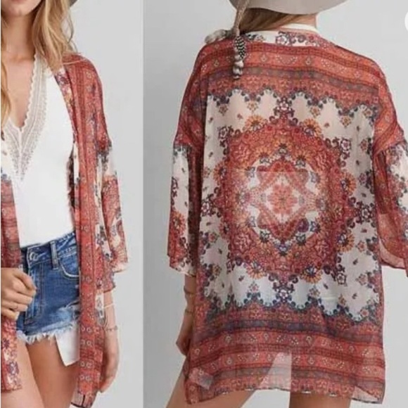 American Eagle Beach Cover Up Women Boho Floral Open Front Sheer Floral Kimono s - Picture 3 of 11